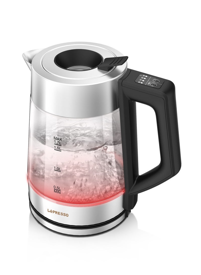 LePRESSO Electric Kettle with Temperature Control, 1.7L Large Capacity with Auto Shut-Off and Boil-Dry Protection, Glass Tea Kettle & Hot Water Boiler, 360° Swivel Base, BPA Free, Stainless Steel, Intuitive Control Panel - Black - Image 1